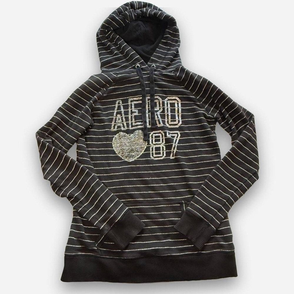 Aeropostale Vintage Striped Rhinestone Graphic Hoodie Black Silver Y2K Large - Picture 3 of 8